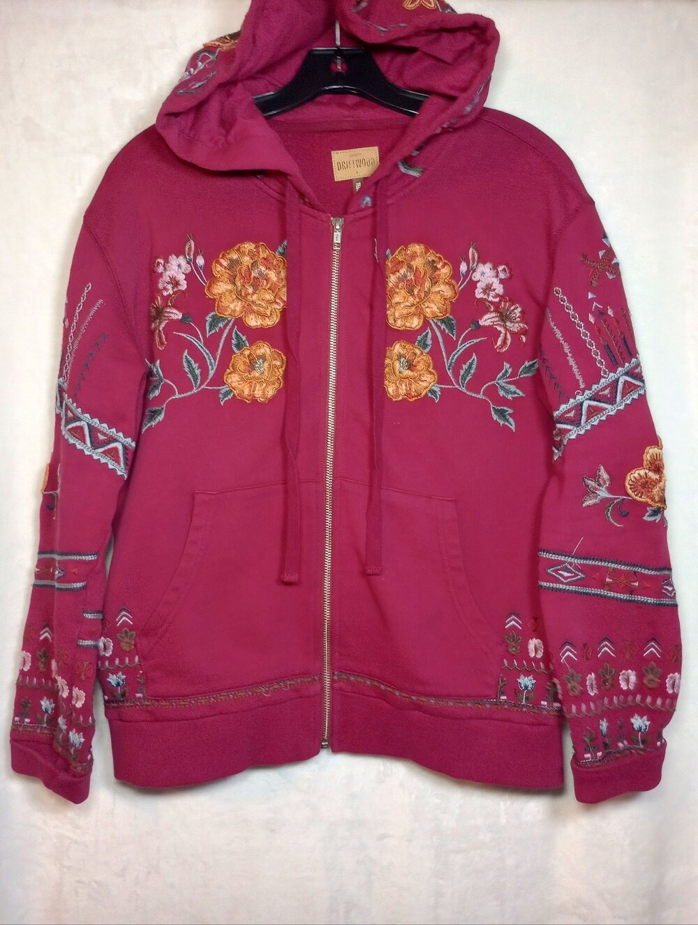 Driftwood Teddy Hoodie Boho Earthy Magenta Jacket Embroidered Cottagecore Hippie